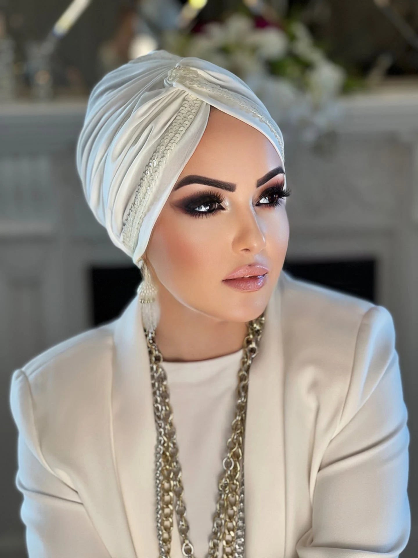 White Sequin Line Turban