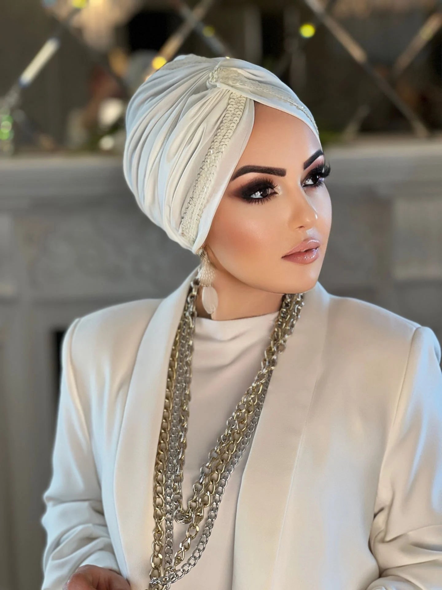 White Sequin Line Turban