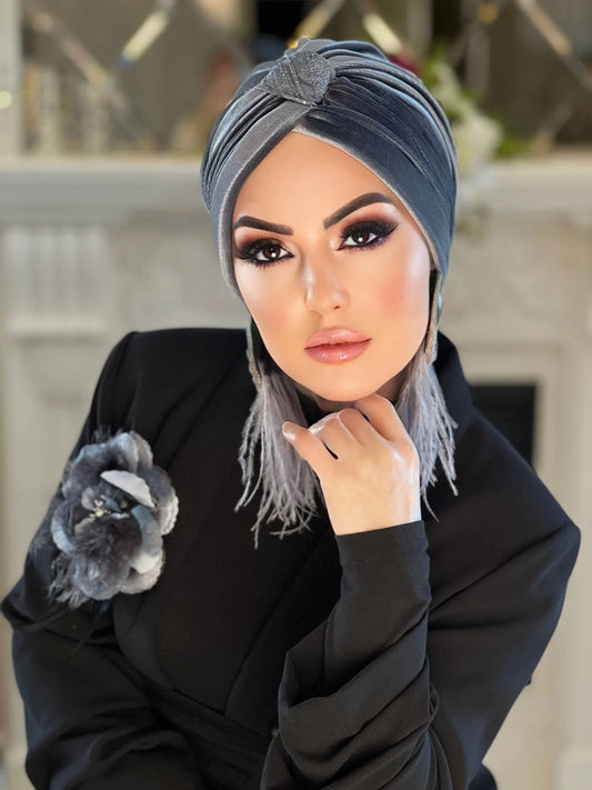 Gray Velvet Cross Turban