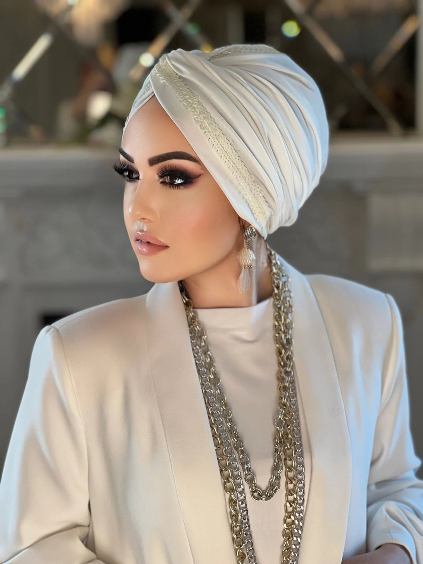 White Sequin Line Turban