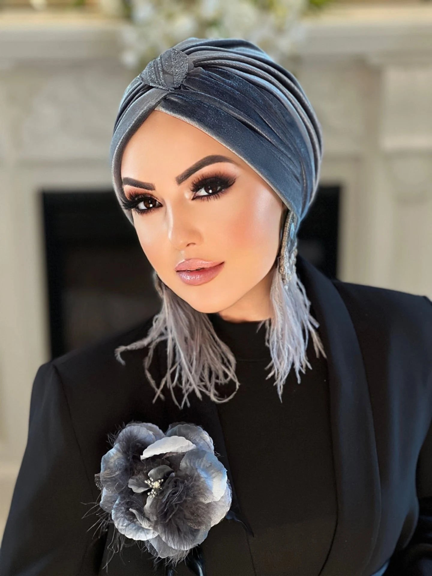 Gray Velvet Cross Turban