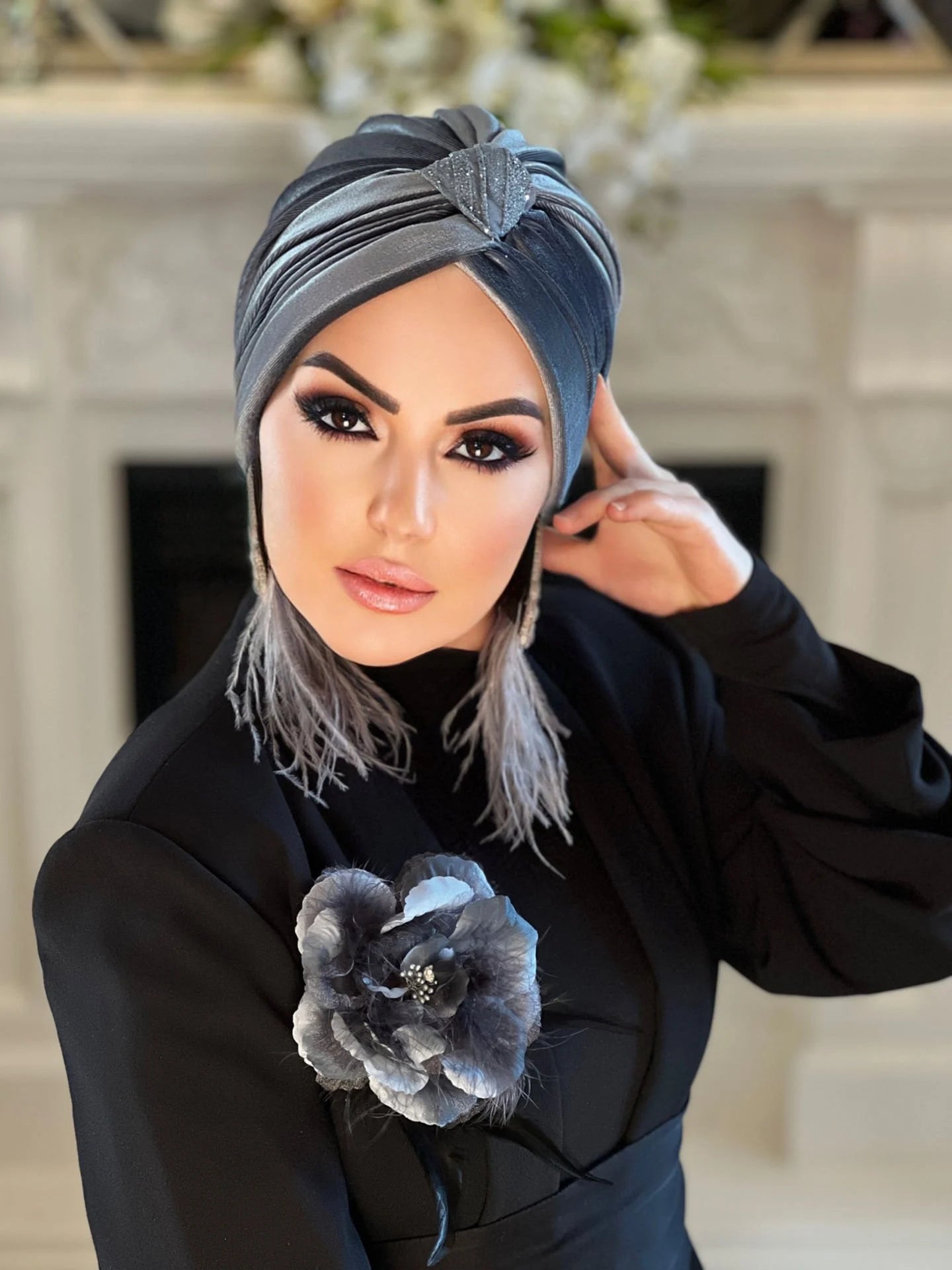 Gray Velvet Cross Turban