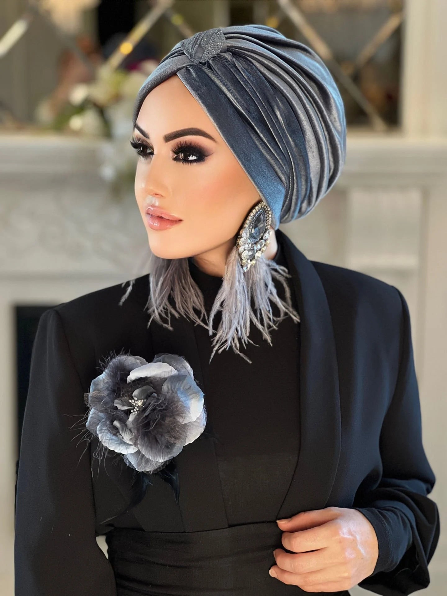 Gray Velvet Cross Turban