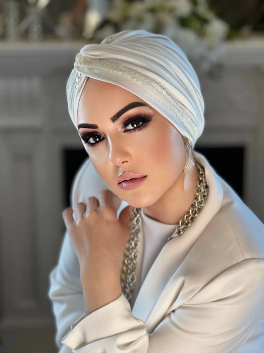 White Sequin Line Turban